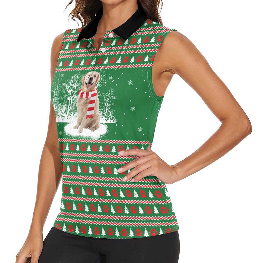 Golden Retriever Christmas Women Sleeveless Polo Shirt with Red Scarf Snowflakes and Tree Pattern - Wonder Print Shop