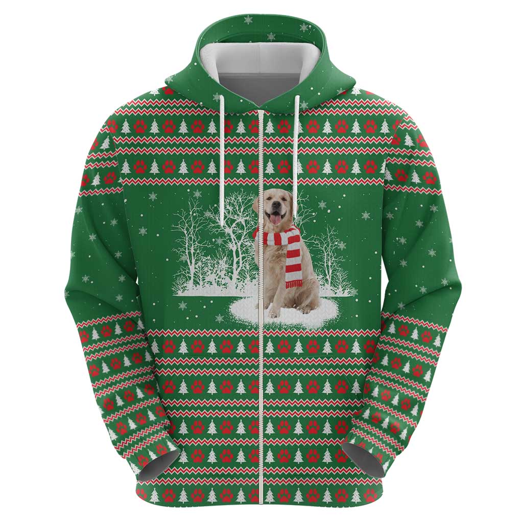 Golden Retriever Christmas Zip Hoodie with Red Scarf Snowflakes and Tree Pattern - Wonder Print Shop