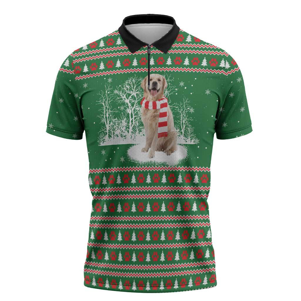 Golden Retriever Christmas Zipper Polo Shirt with Red Scarf Snowflakes and Tree Pattern - Wonder Print Shop