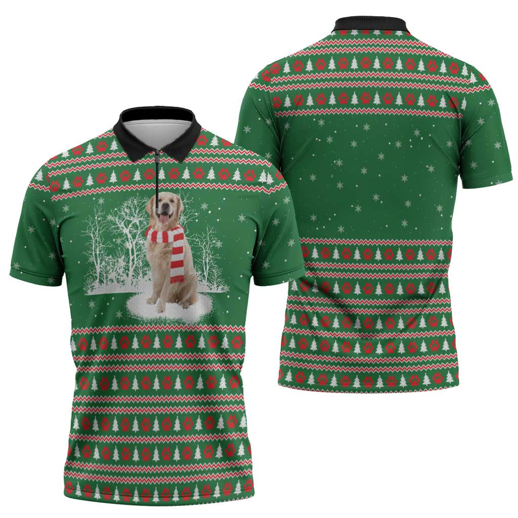 Golden Retriever Christmas Zipper Polo Shirt with Red Scarf Snowflakes and Tree Pattern - Wonder Print Shop