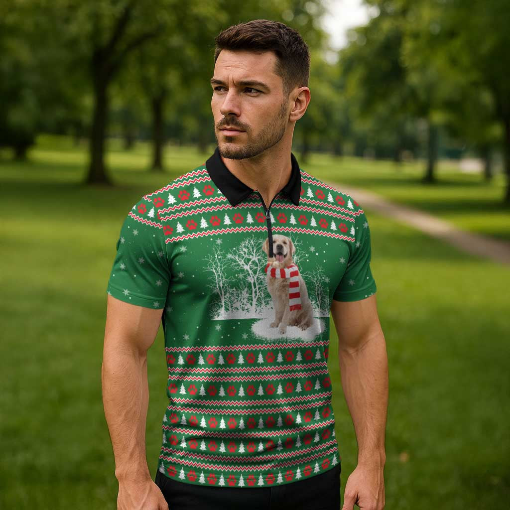 Golden Retriever Christmas Zipper Polo Shirt with Red Scarf Snowflakes and Tree Pattern - Wonder Print Shop