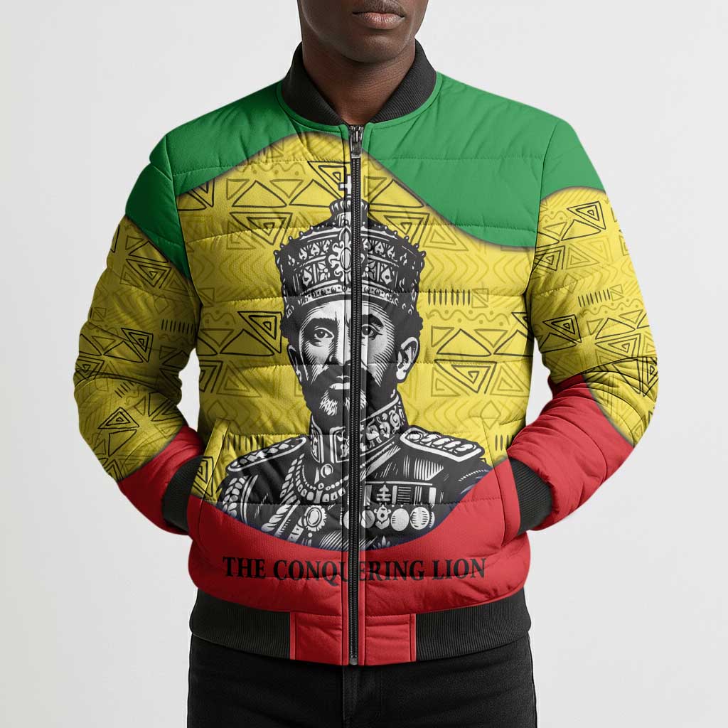 Haile Selassie I Bomber Puffer Jacket Ethiopia Lion of Judah and Conquering Lion Pattern Tribute - Wonder Print Shop