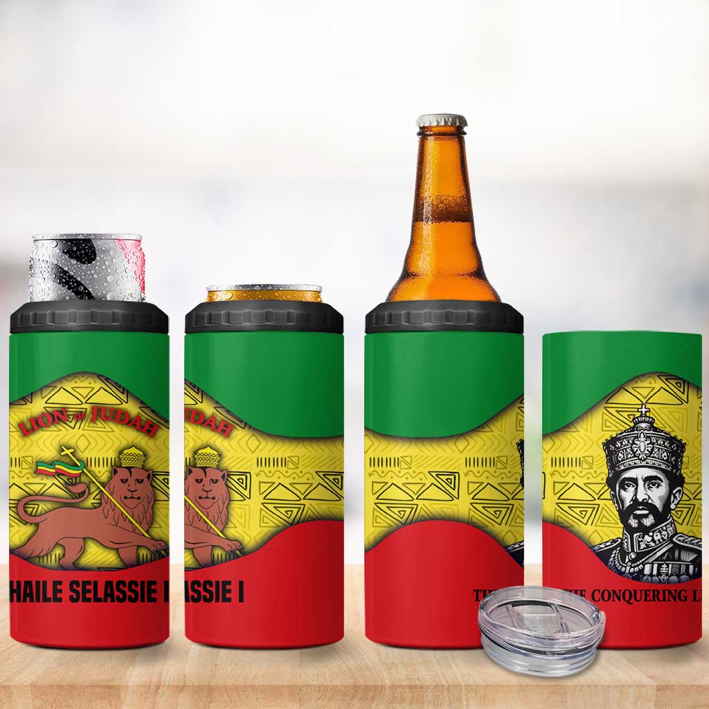 Haile Selassie I 4 in 1 Can Cooler Tumbler Ethiopia Lion of Judah and Conquering Lion Pattern Tribute - Wonder Print Shop