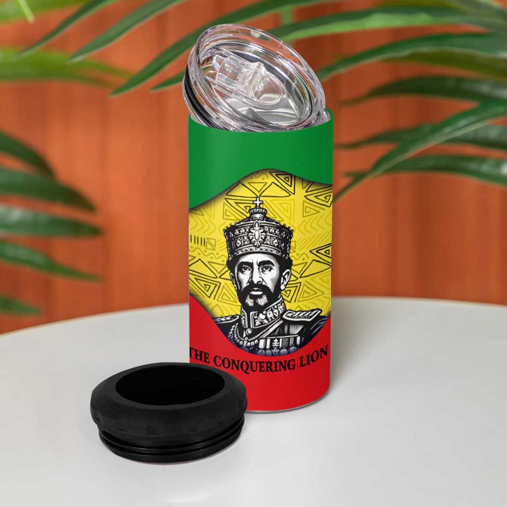 Haile Selassie I 4 in 1 Can Cooler Tumbler Ethiopia Lion of Judah and Conquering Lion Pattern Tribute - Wonder Print Shop