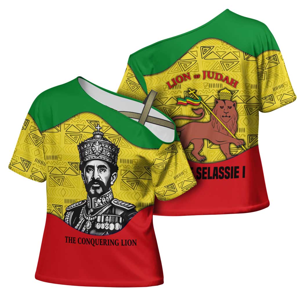 Haile Selassie I Cross Shoulder Shirt Ethiopia Lion of Judah and Conquering Lion Pattern Tribute - Wonder Print Shop