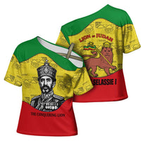 Haile Selassie I Cross Shoulder Shirt Ethiopia Lion of Judah and Conquering Lion Pattern Tribute - Wonder Print Shop