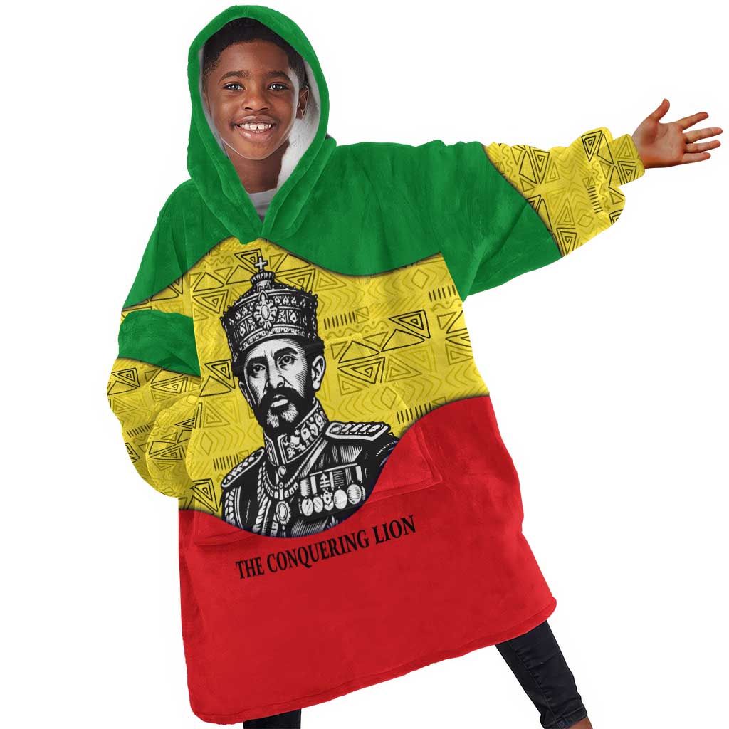 Haile Selassie I Kid Wearable Blanket Hoodie Ethiopia Lion of Judah and Conquering Lion Pattern Tribute - Wonder Print Shop