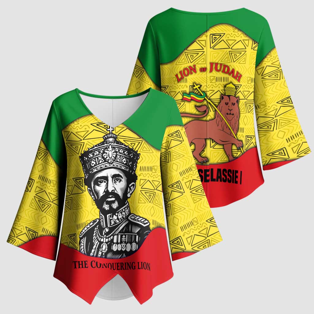 Haile Selassie I Kimono Sleeve Blouse Ethiopia Lion of Judah and Conquering Lion Pattern Tribute - Wonder Print Shop