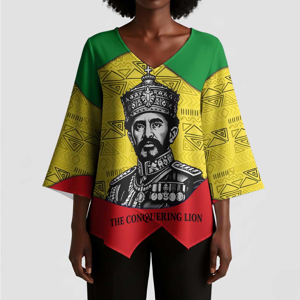 Haile Selassie I Kimono Sleeve Blouse Ethiopia Lion of Judah and Conquering Lion Pattern Tribute - Wonder Print Shop