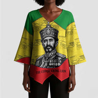 Haile Selassie I Kimono Sleeve Blouse Ethiopia Lion of Judah and Conquering Lion Pattern Tribute - Wonder Print Shop