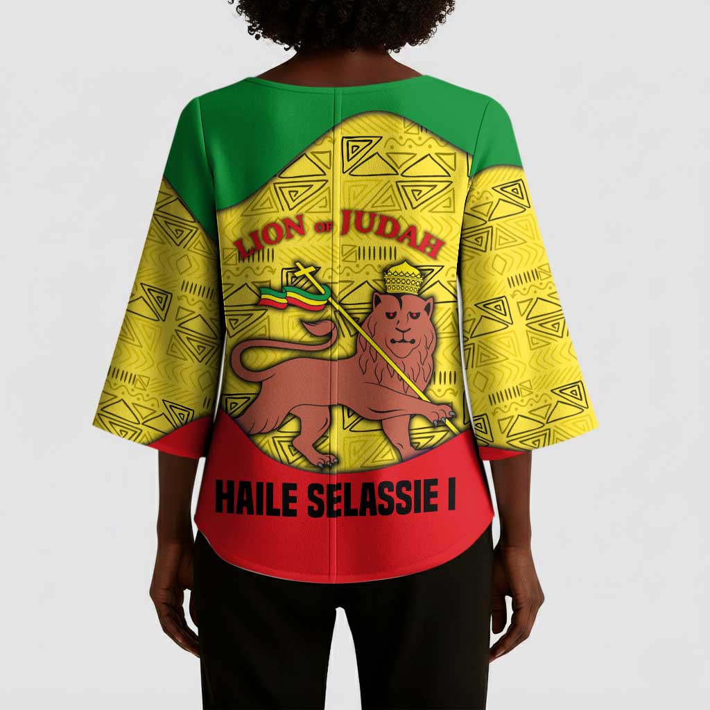 Haile Selassie I Kimono Sleeve Blouse Ethiopia Lion of Judah and Conquering Lion Pattern Tribute - Wonder Print Shop