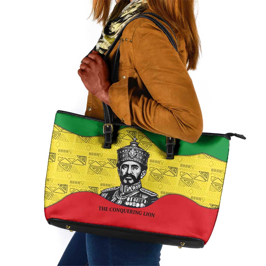 Haile Selassie I Leather Tote Bag Ethiopia Lion of Judah and Conquering Lion Pattern Tribute - Wonder Print Shop
