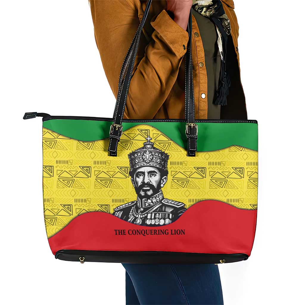 Haile Selassie I Leather Tote Bag Ethiopia Lion of Judah and Conquering Lion Pattern Tribute - Wonder Print Shop
