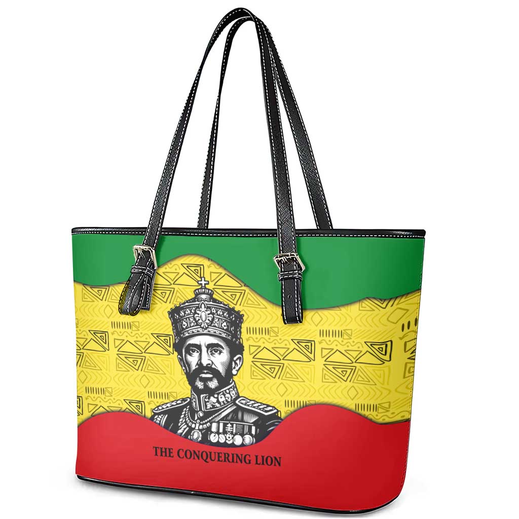 Haile Selassie I Leather Tote Bag Ethiopia Lion of Judah and Conquering Lion Pattern Tribute - Wonder Print Shop