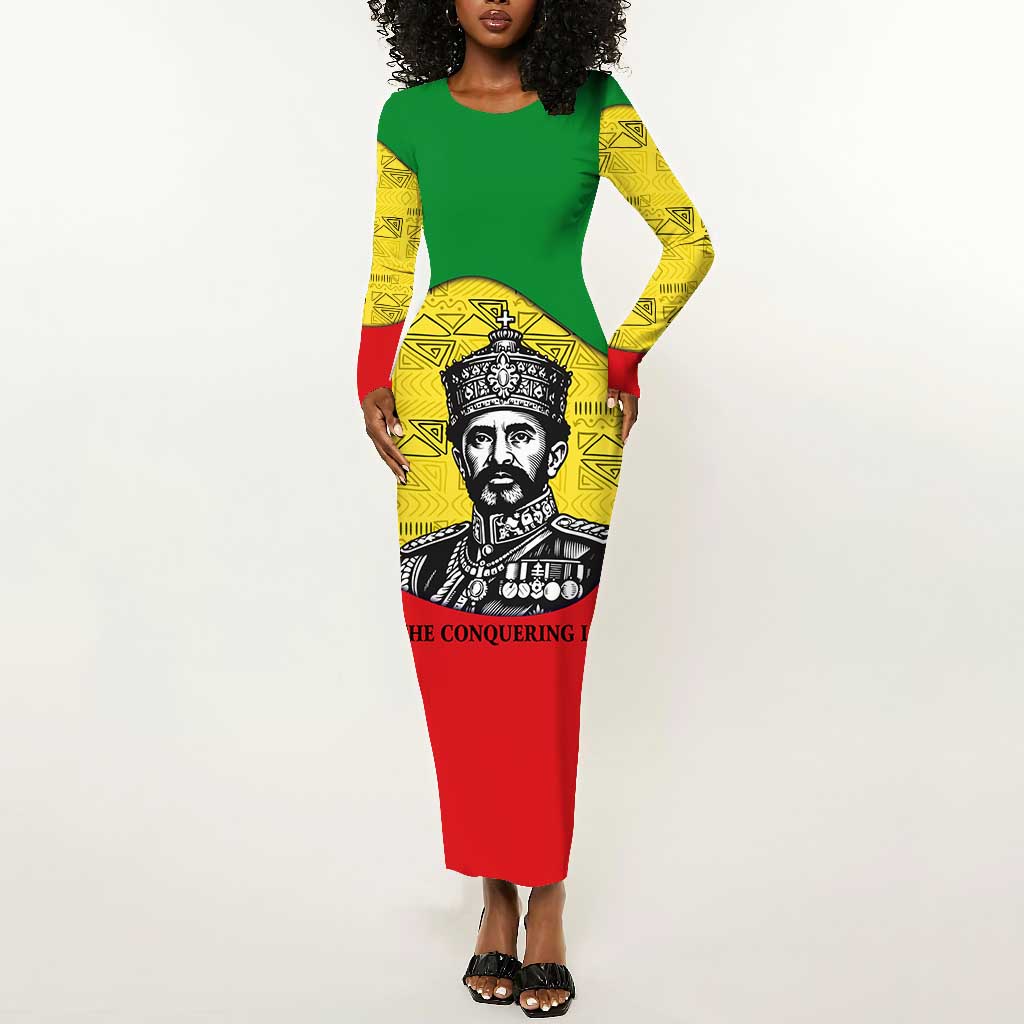 Haile Selassie I Long Sleeve Bodycon Dress Ethiopia Lion of Judah and Conquering Lion Pattern Tribute - Wonder Print Shop