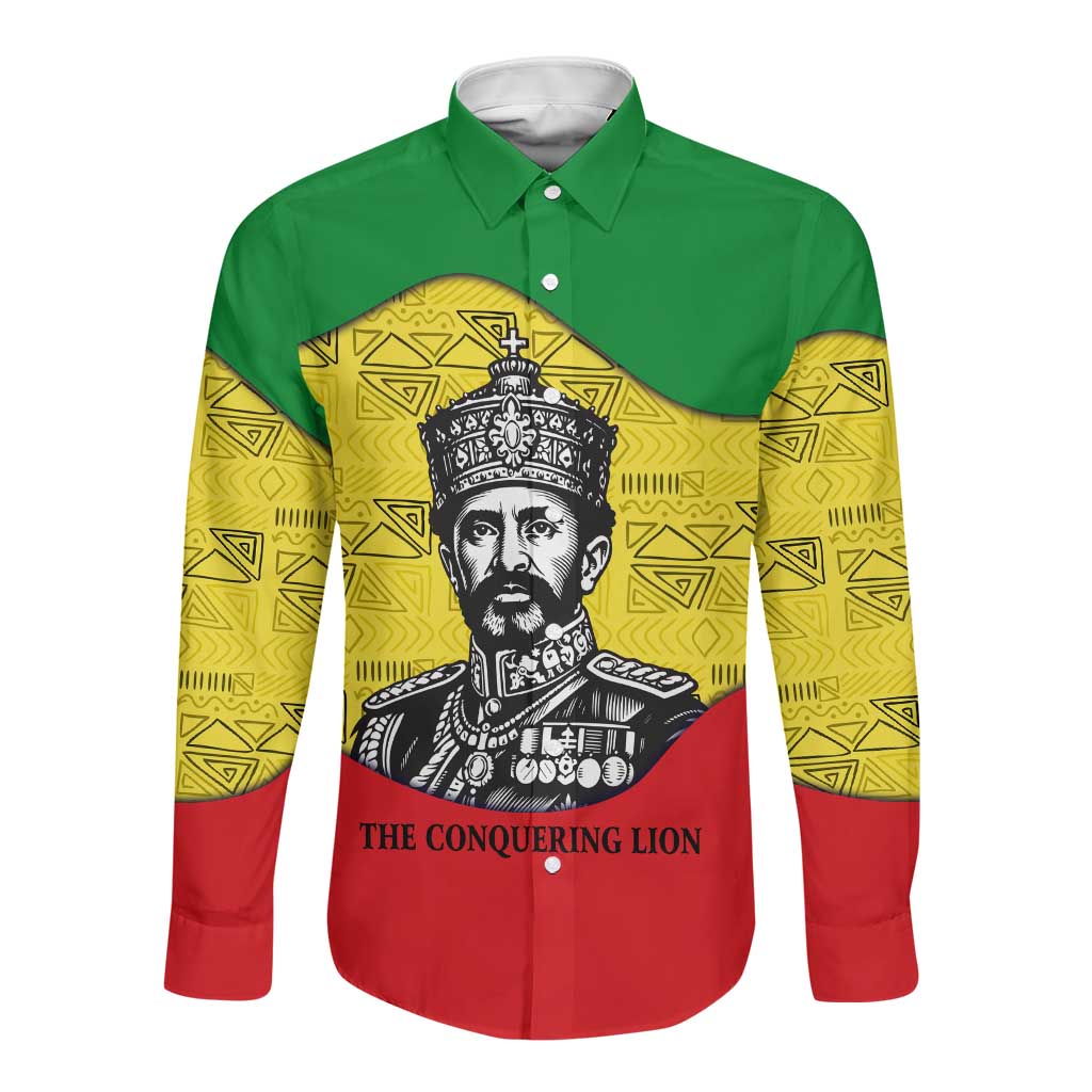 Haile Selassie I Long Sleeve Button Shirt Ethiopia Lion of Judah and Conquering Lion Pattern Tribute - Wonder Print Shop