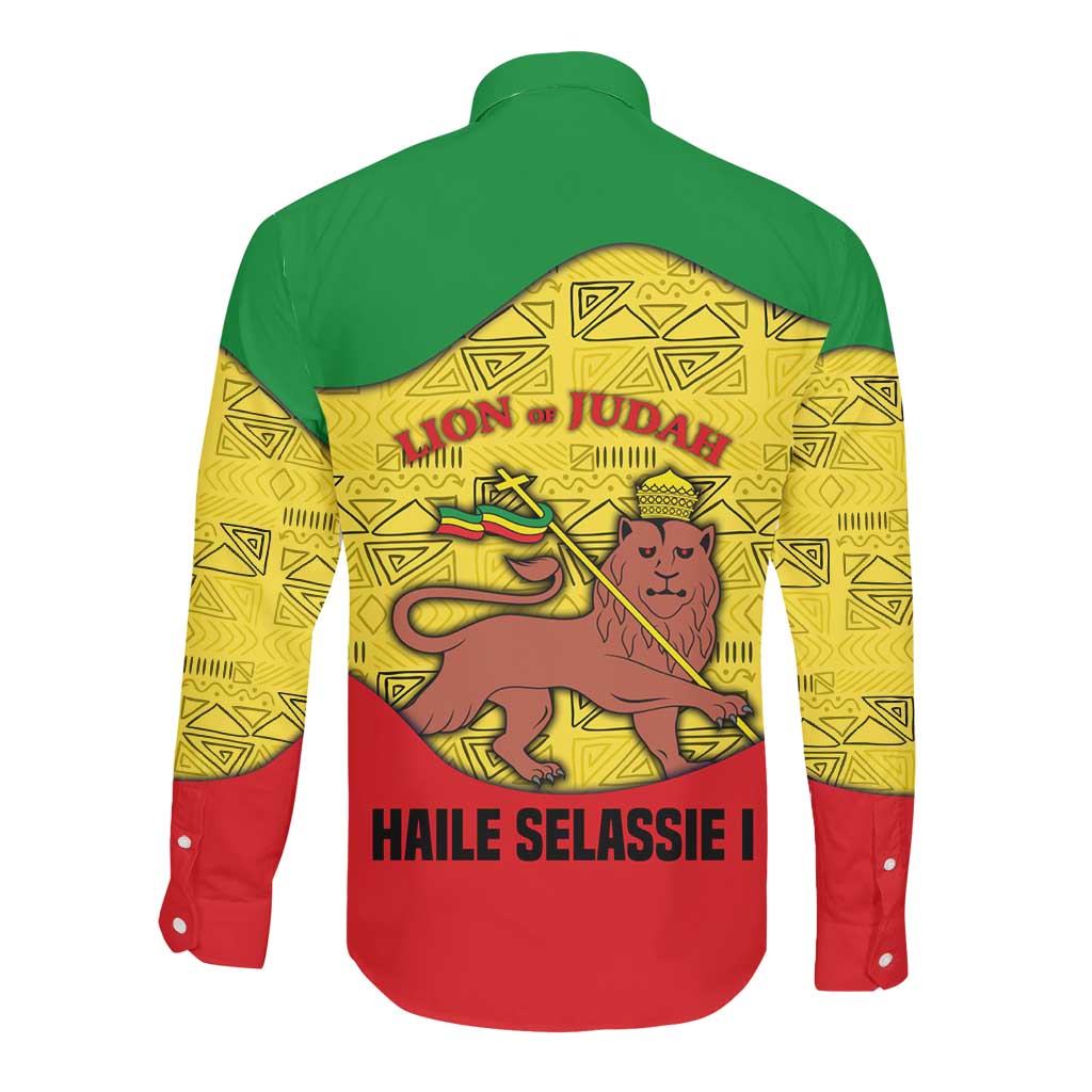 Haile Selassie I Long Sleeve Button Shirt Ethiopia Lion of Judah and Conquering Lion Pattern Tribute - Wonder Print Shop
