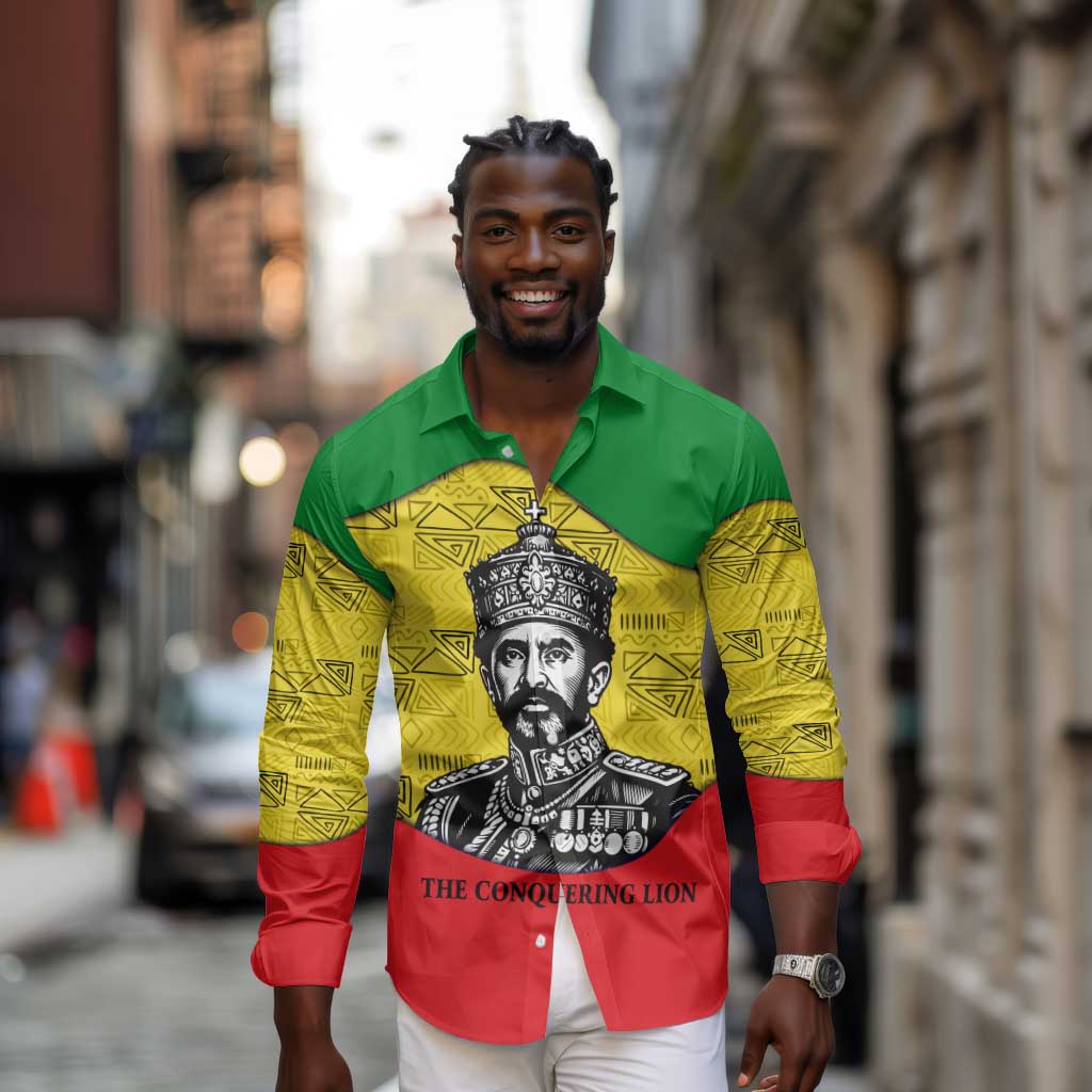 Haile Selassie I Long Sleeve Button Shirt Ethiopia Lion of Judah and Conquering Lion Pattern Tribute - Wonder Print Shop