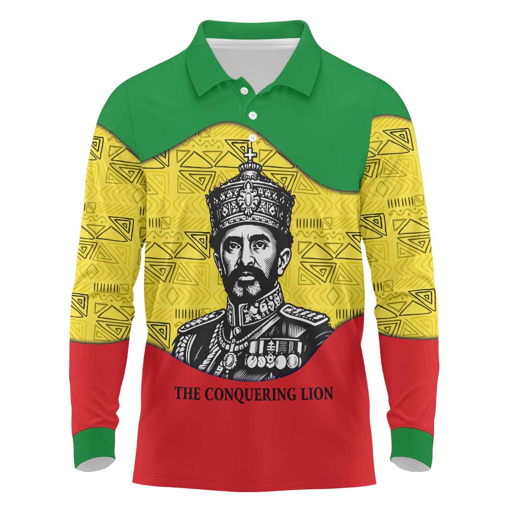 Haile Selassie I Long Sleeve Polo Shirt Ethiopia Lion of Judah and Conquering Lion Pattern Tribute - Wonder Print Shop