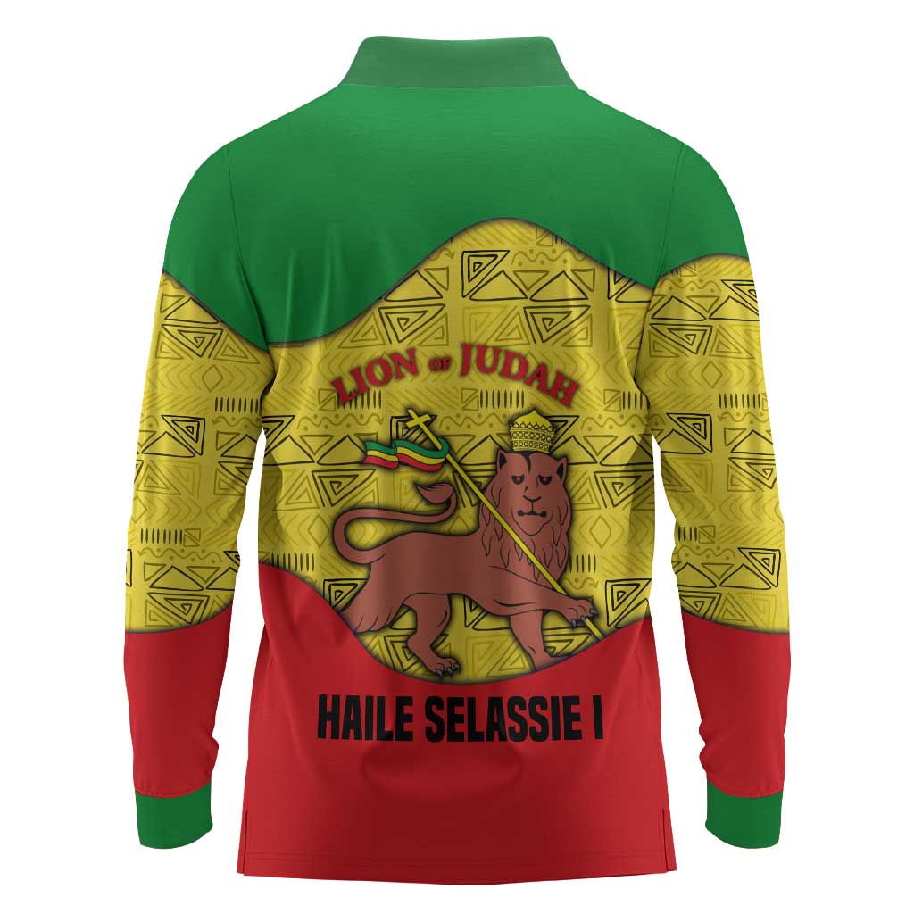 Haile Selassie I Long Sleeve Polo Shirt Ethiopia Lion of Judah and Conquering Lion Pattern Tribute - Wonder Print Shop