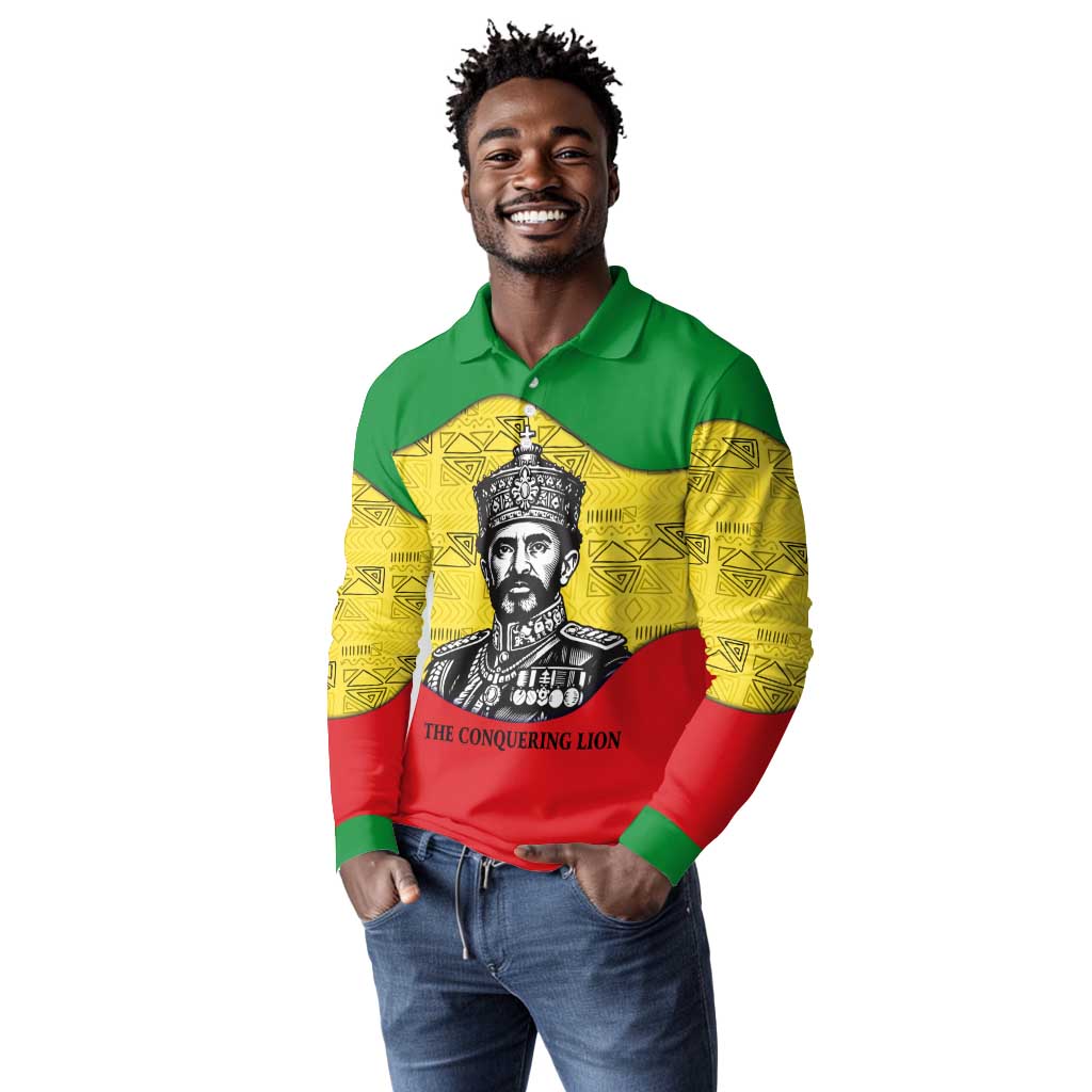 Haile Selassie I Long Sleeve Polo Shirt Ethiopia Lion of Judah and Conquering Lion Pattern Tribute - Wonder Print Shop