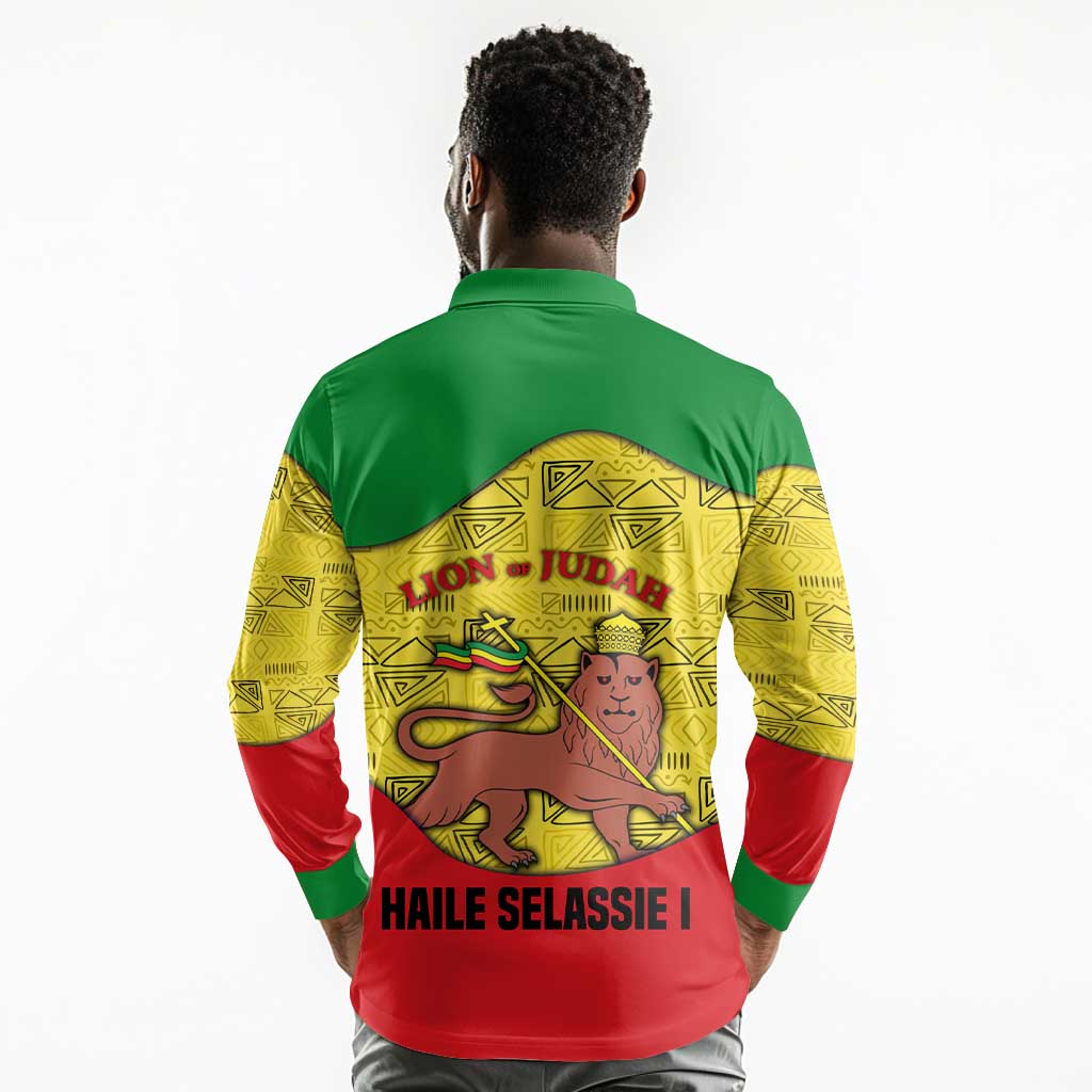 Haile Selassie I Long Sleeve Polo Shirt Ethiopia Lion of Judah and Conquering Lion Pattern Tribute - Wonder Print Shop