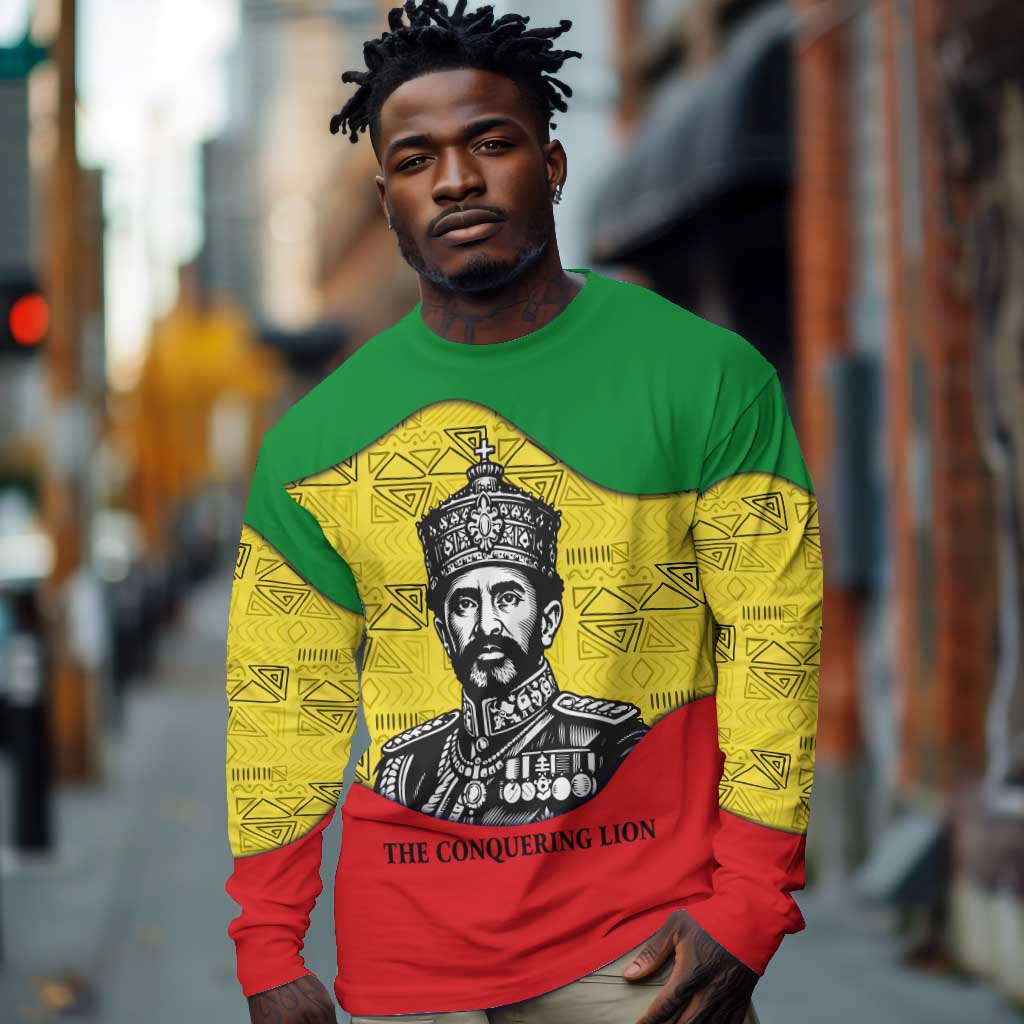 Haile Selassie I Long Sleeve Shirt Ethiopia Lion of Judah and Conquering Lion Pattern Tribute - Wonder Print Shop