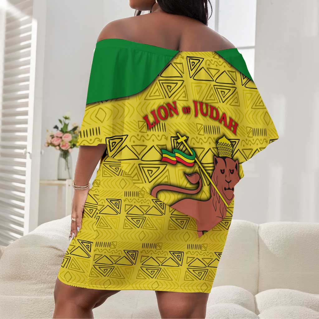 Haile Selassie I Off Shoulder Short Dress Ethiopia Lion of Judah and Conquering Lion Pattern Tribute - Wonder Print Shop