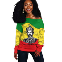Haile Selassie I Off Shoulder Sweater Ethiopia Lion of Judah and Conquering Lion Pattern Tribute - Wonder Print Shop