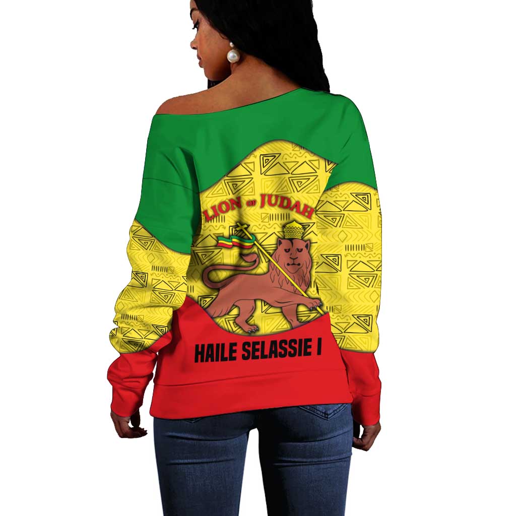 Haile Selassie I Off Shoulder Sweater Ethiopia Lion of Judah and Conquering Lion Pattern Tribute - Wonder Print Shop