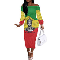 Haile Selassie I Off The Shoulder Long Sleeve Dress Ethiopia Lion of Judah and Conquering Lion Pattern Tribute - Wonder Print Shop