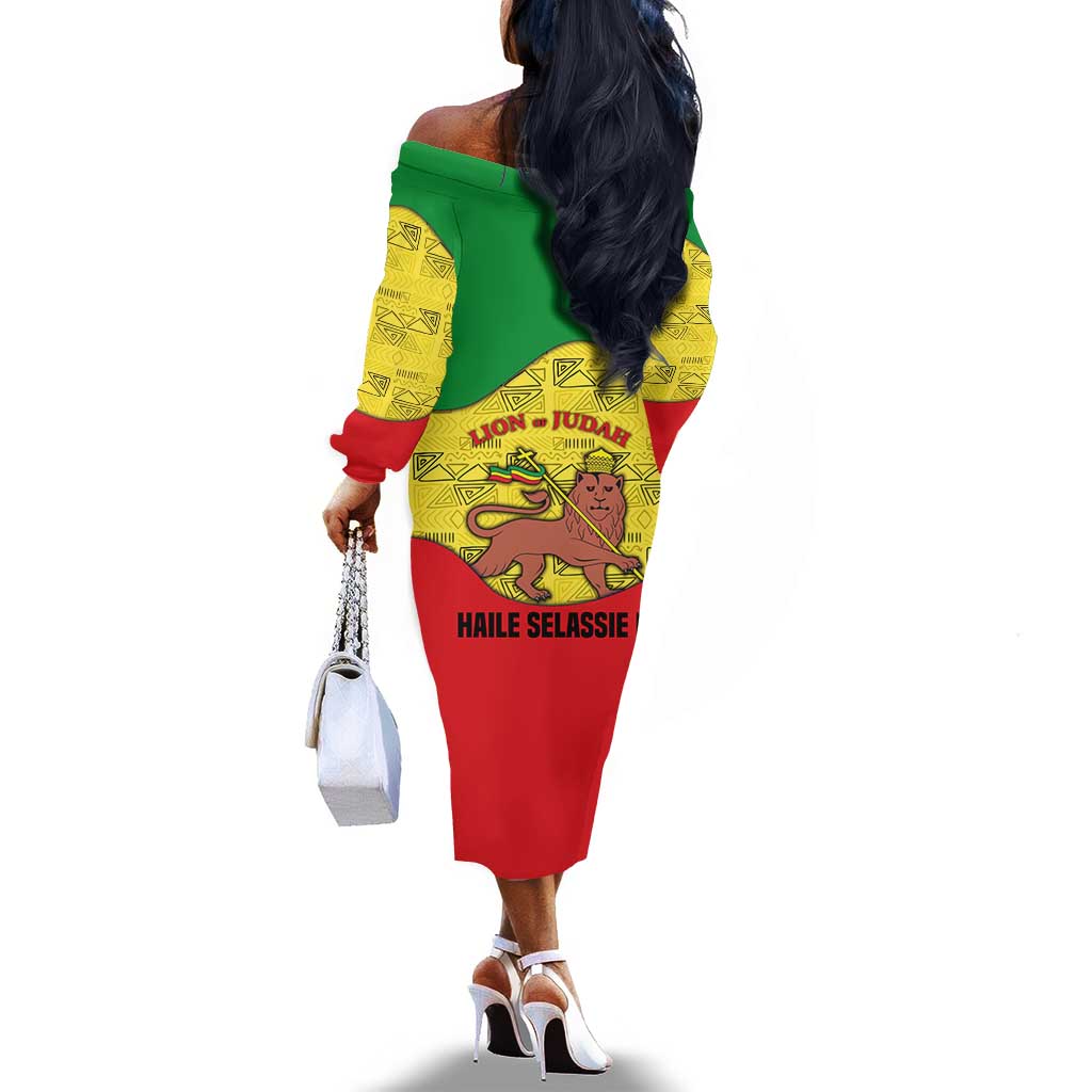 Haile Selassie I Off The Shoulder Long Sleeve Dress Ethiopia Lion of Judah and Conquering Lion Pattern Tribute - Wonder Print Shop