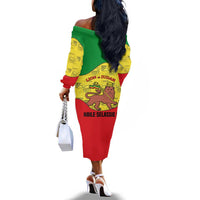 Haile Selassie I Off The Shoulder Long Sleeve Dress Ethiopia Lion of Judah and Conquering Lion Pattern Tribute - Wonder Print Shop