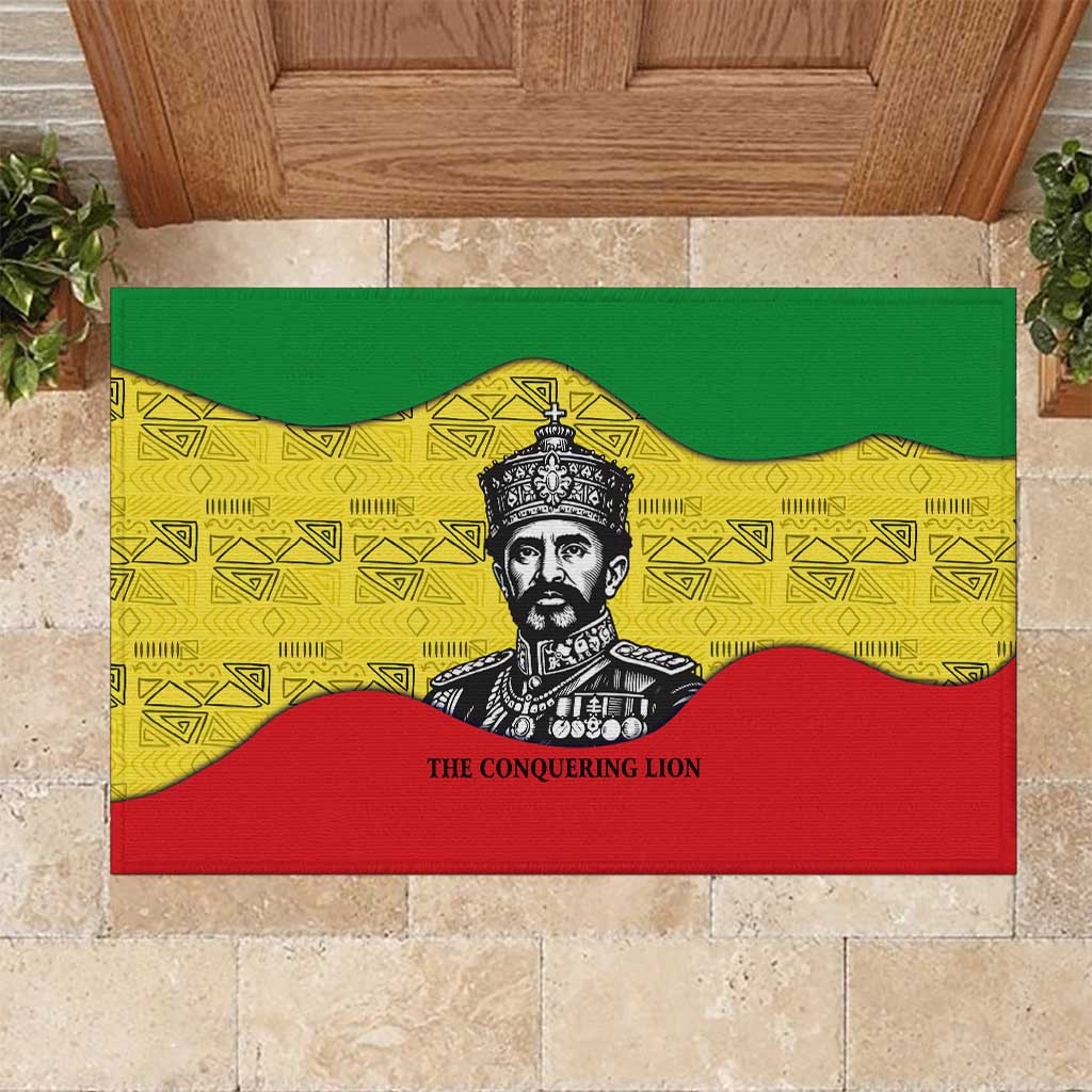 Haile Selassie I Rubber Doormat Ethiopia Lion of Judah and Conquering Lion Pattern Tribute - Wonder Print Shop