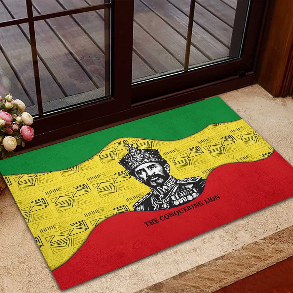 Haile Selassie I Rubber Doormat Ethiopia Lion of Judah and Conquering Lion Pattern Tribute - Wonder Print Shop