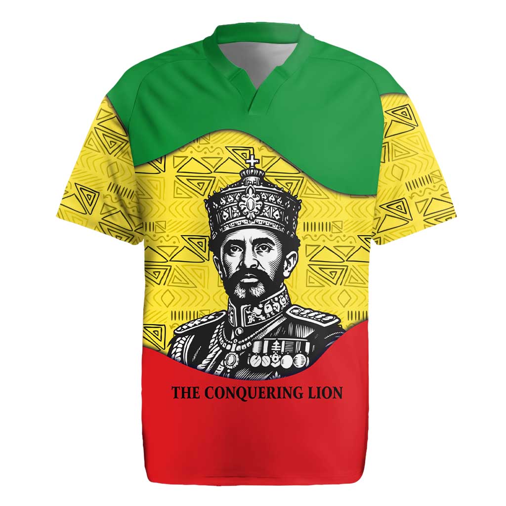 Haile Selassie I Rugby Jersey Ethiopia Lion of Judah and Conquering Lion Pattern Tribute - Wonder Print Shop