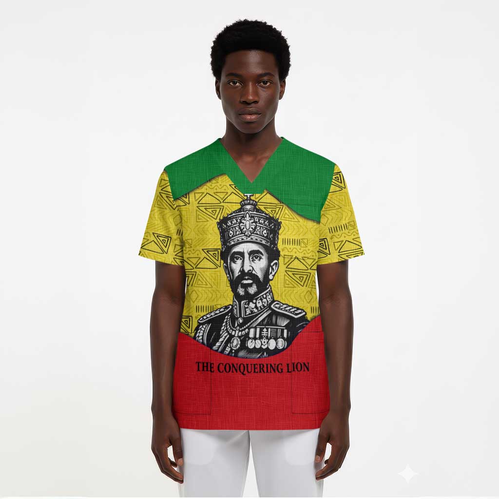 Haile Selassie I Scrub Top Ethiopia Lion of Judah and Conquering Lion Pattern Tribute - Wonder Print Shop