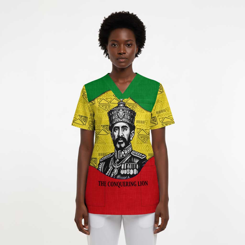 Haile Selassie I Scrub Top Ethiopia Lion of Judah and Conquering Lion Pattern Tribute - Wonder Print Shop