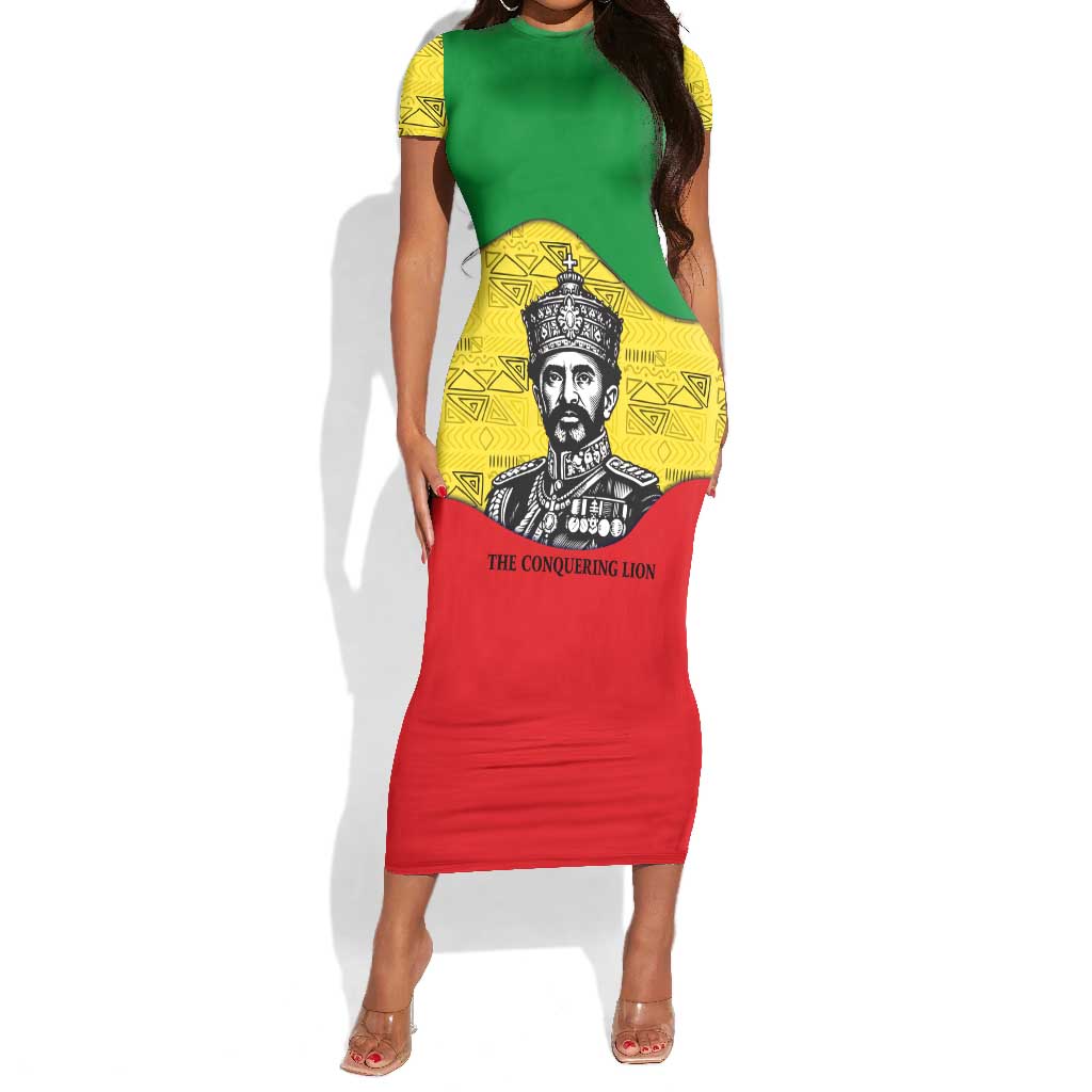Haile Selassie I Short Sleeve Bodycon Dress Ethiopia Lion of Judah and Conquering Lion Pattern Tribute - Wonder Print Shop