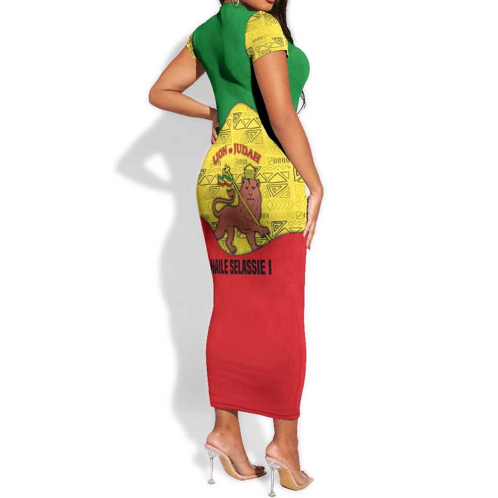 Haile Selassie I Short Sleeve Bodycon Dress Ethiopia Lion of Judah and Conquering Lion Pattern Tribute - Wonder Print Shop