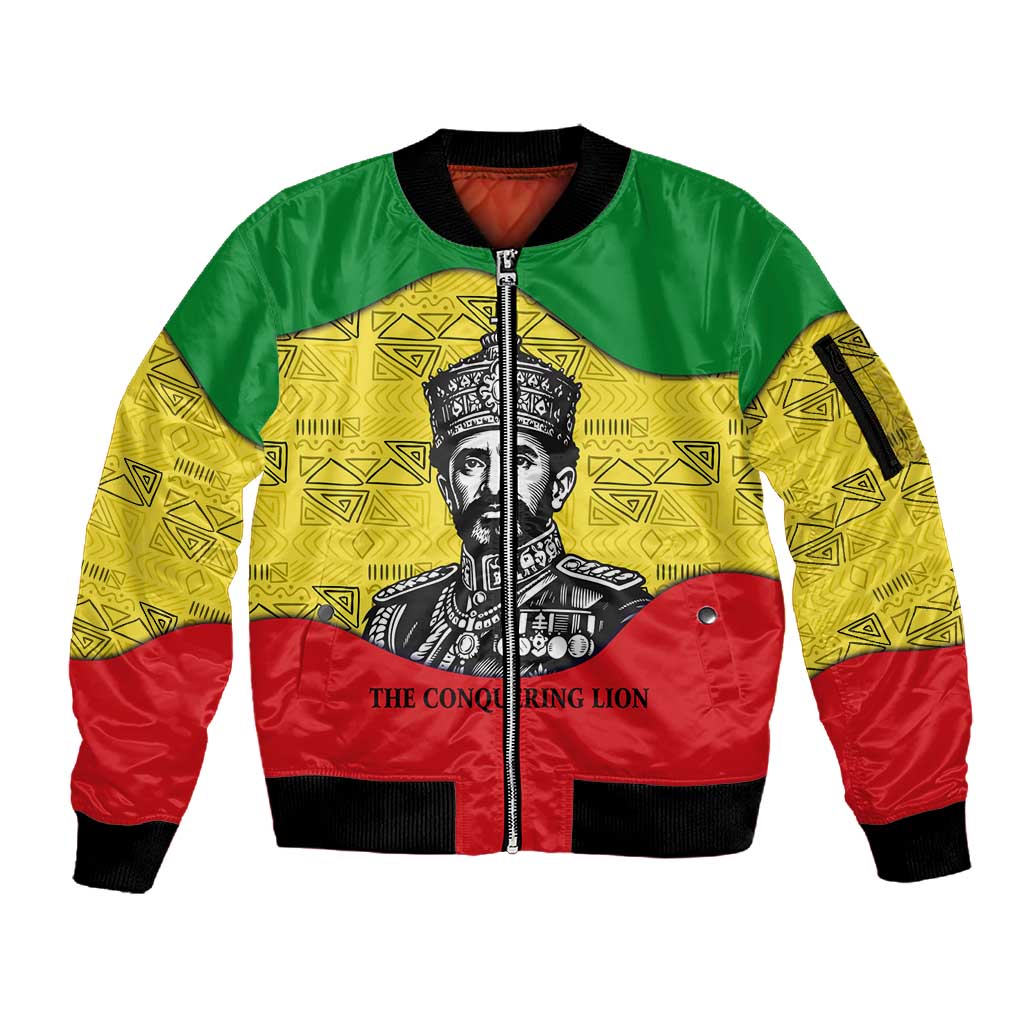 Haile Selassie I Sleeve Zip Bomber Jacket Ethiopia Lion of Judah and Conquering Lion Pattern Tribute - Wonder Print Shop