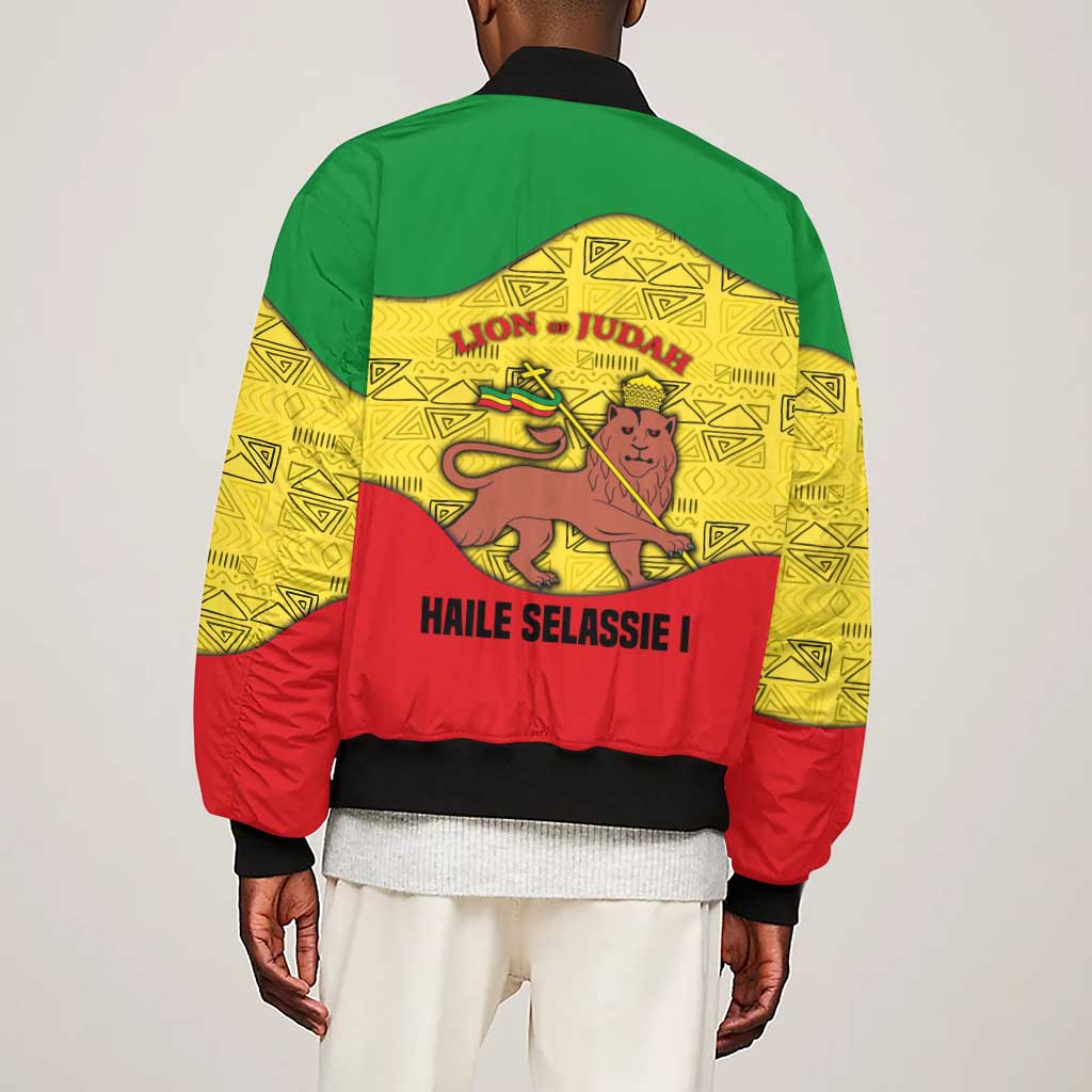 Haile Selassie I Sleeve Zip Bomber Jacket Ethiopia Lion of Judah and Conquering Lion Pattern Tribute - Wonder Print Shop