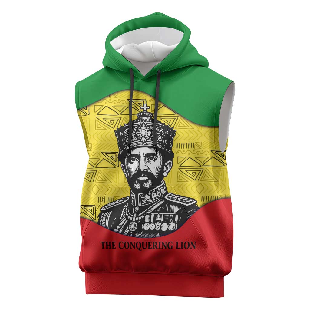 Haile Selassie I Sleeveless Hoodie Ethiopia Lion of Judah and Conquering Lion Pattern Tribute - Wonder Print Shop