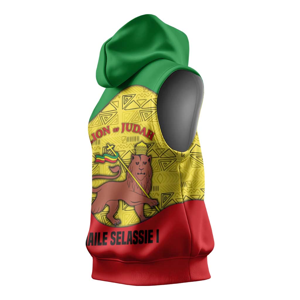 Haile Selassie I Sleeveless Hoodie Ethiopia Lion of Judah and Conquering Lion Pattern Tribute - Wonder Print Shop