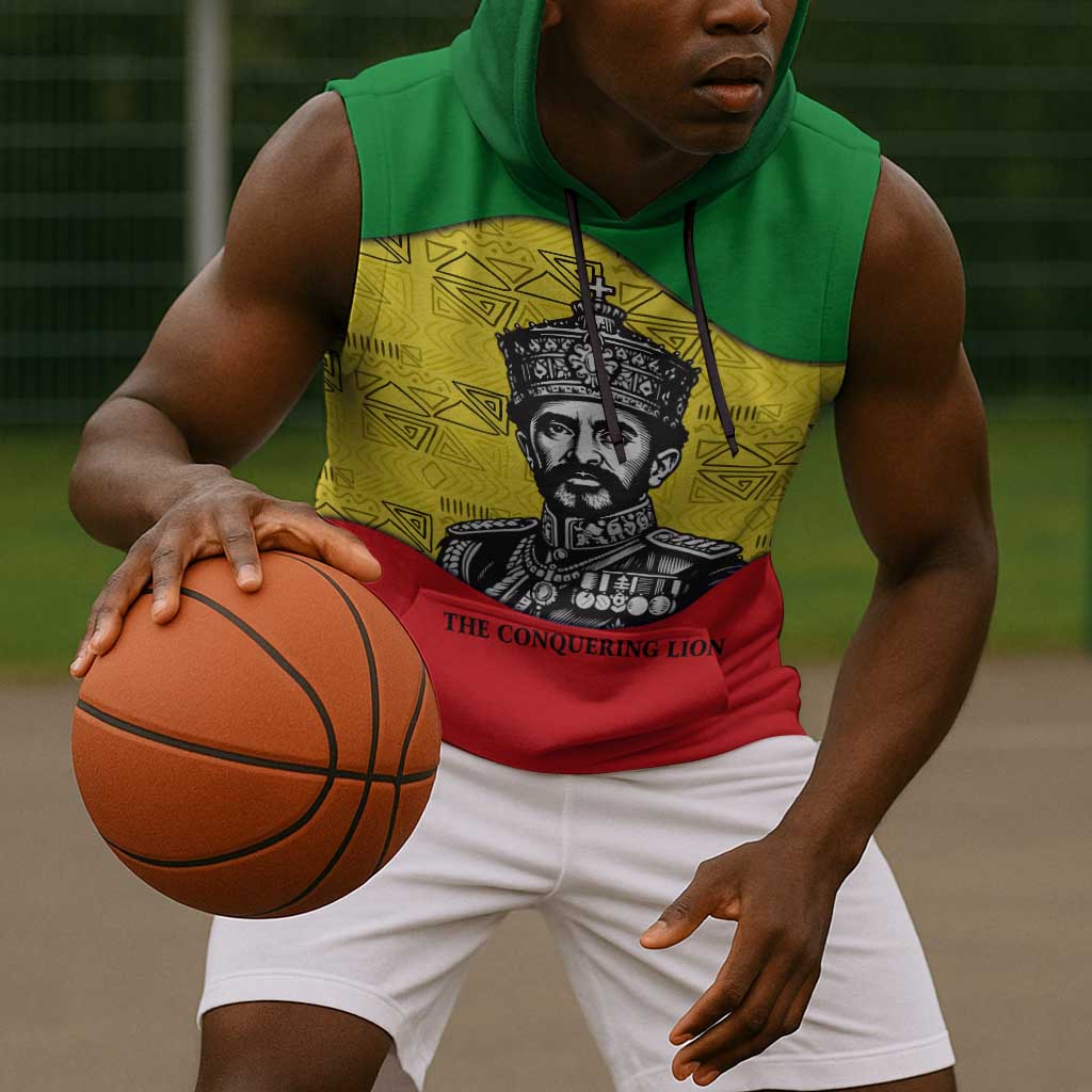 Haile Selassie I Sleeveless Hoodie Ethiopia Lion of Judah and Conquering Lion Pattern Tribute - Wonder Print Shop