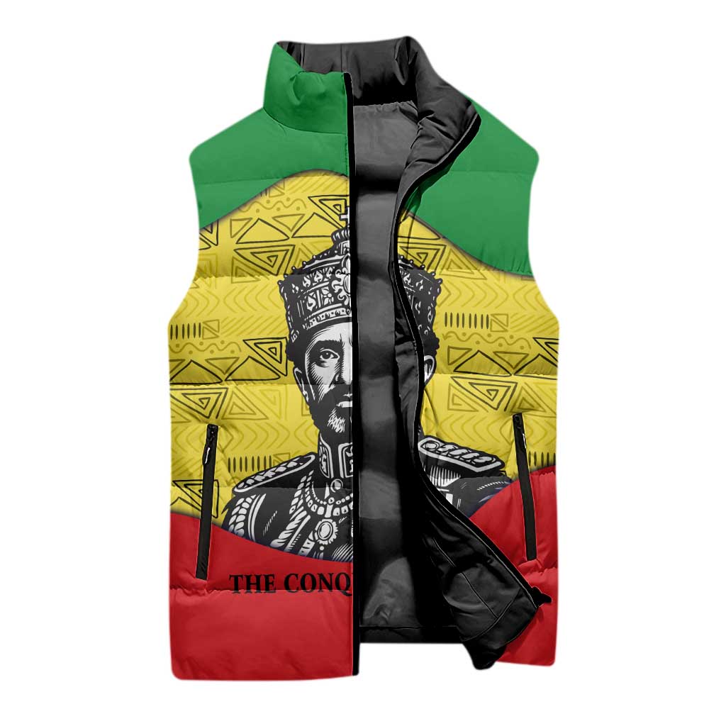 Haile Selassie I Sleeveless Puffer Jacket Ethiopia Lion of Judah and Conquering Lion Pattern Tribute - Wonder Print Shop