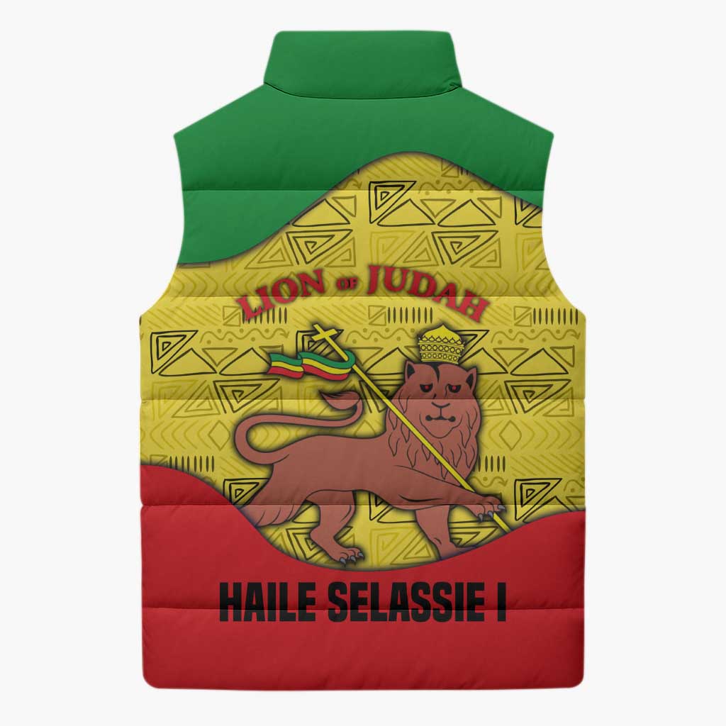 Haile Selassie I Sleeveless Puffer Jacket Ethiopia Lion of Judah and Conquering Lion Pattern Tribute - Wonder Print Shop