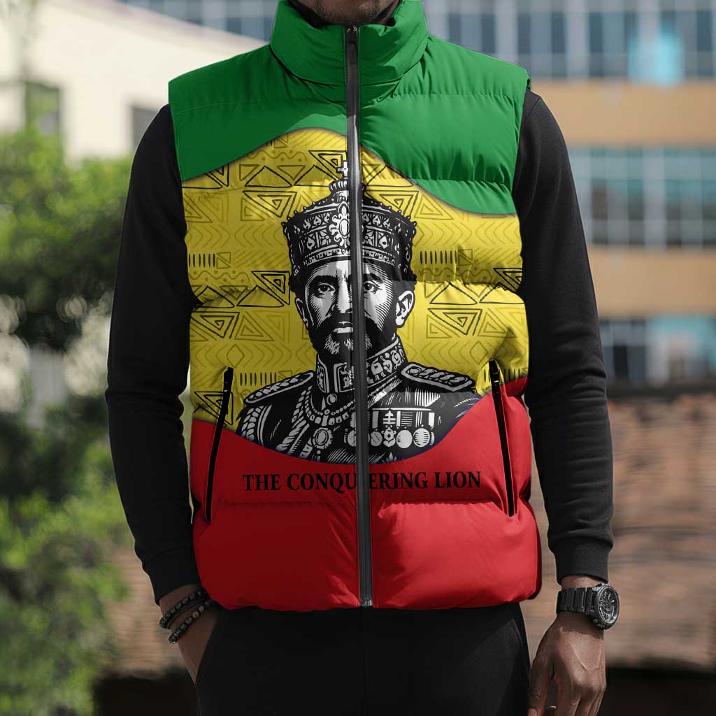 Haile Selassie I Sleeveless Puffer Jacket Ethiopia Lion of Judah and Conquering Lion Pattern Tribute - Wonder Print Shop
