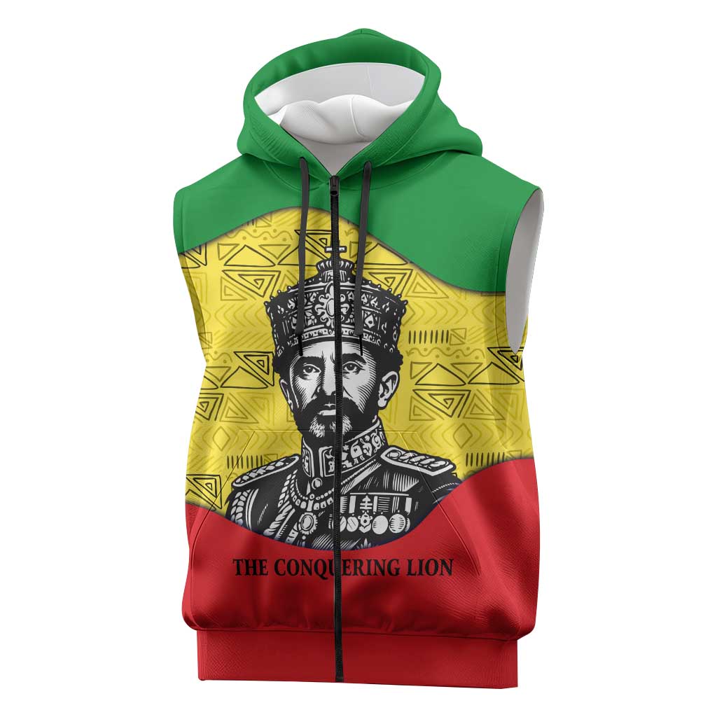 Haile Selassie I Sleeveless Zip Hoodie Ethiopia Lion of Judah and Conquering Lion Pattern Tribute - Wonder Print Shop