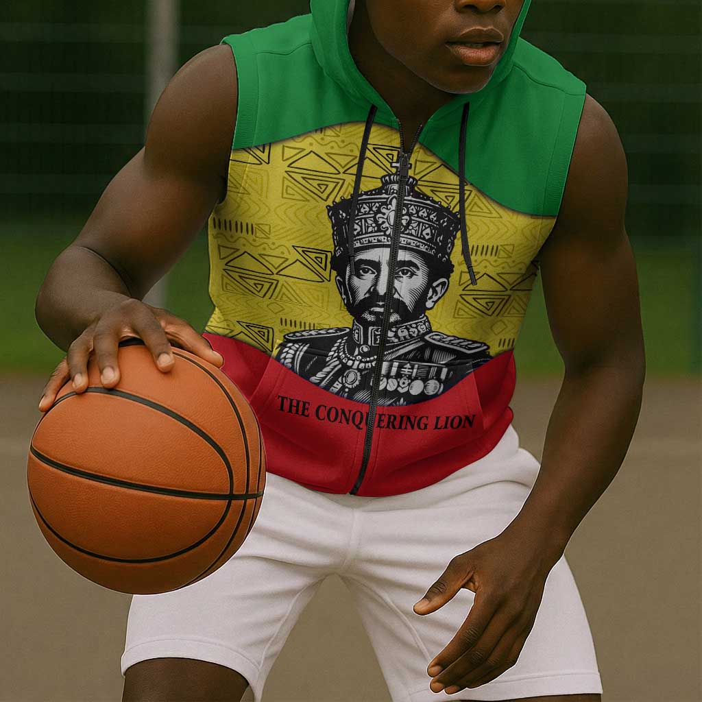 Haile Selassie I Sleeveless Zip Hoodie Ethiopia Lion of Judah and Conquering Lion Pattern Tribute - Wonder Print Shop